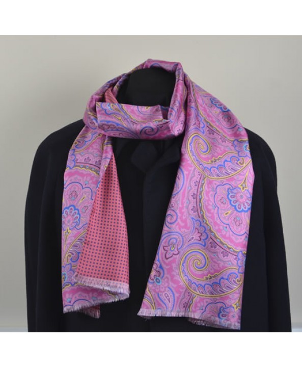 Deep pink fine silk paisley scarf backed with a spotted silk backing